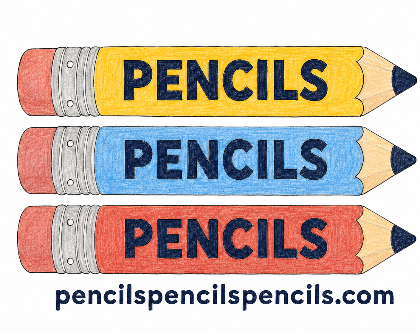 Three hand-colored pencils, each labeled Pencils, with pencilspencilspencils.com below